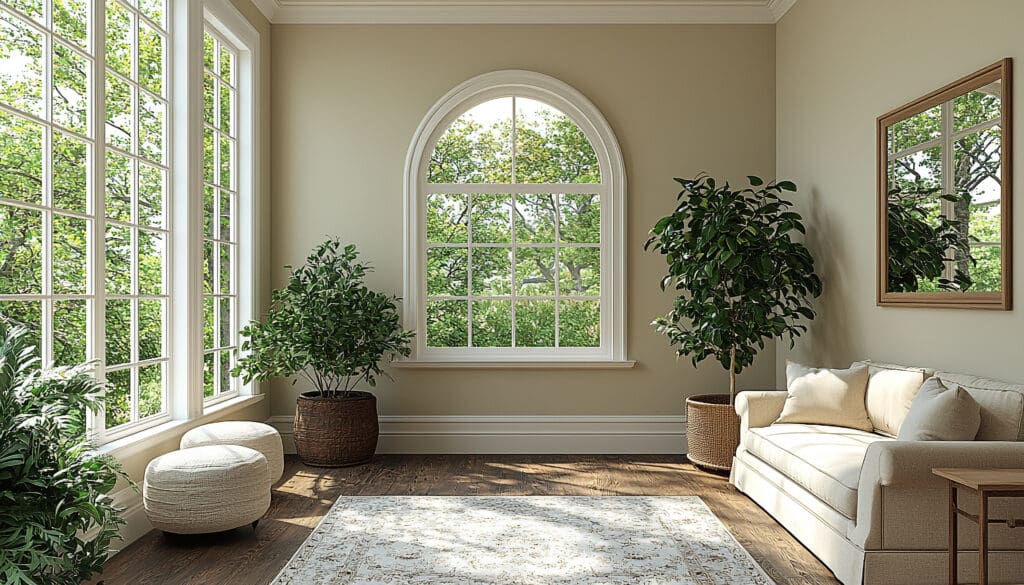 a modern living room with an arched window