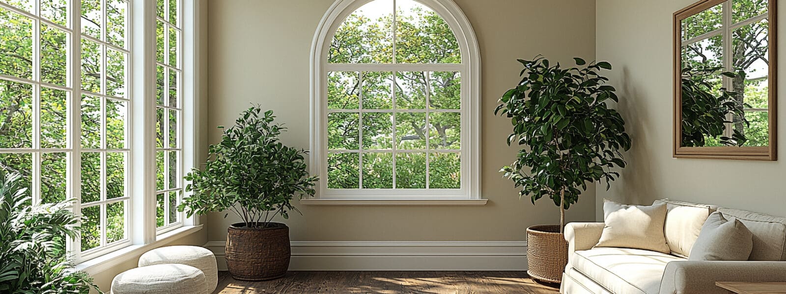 a modern living room with an arched window