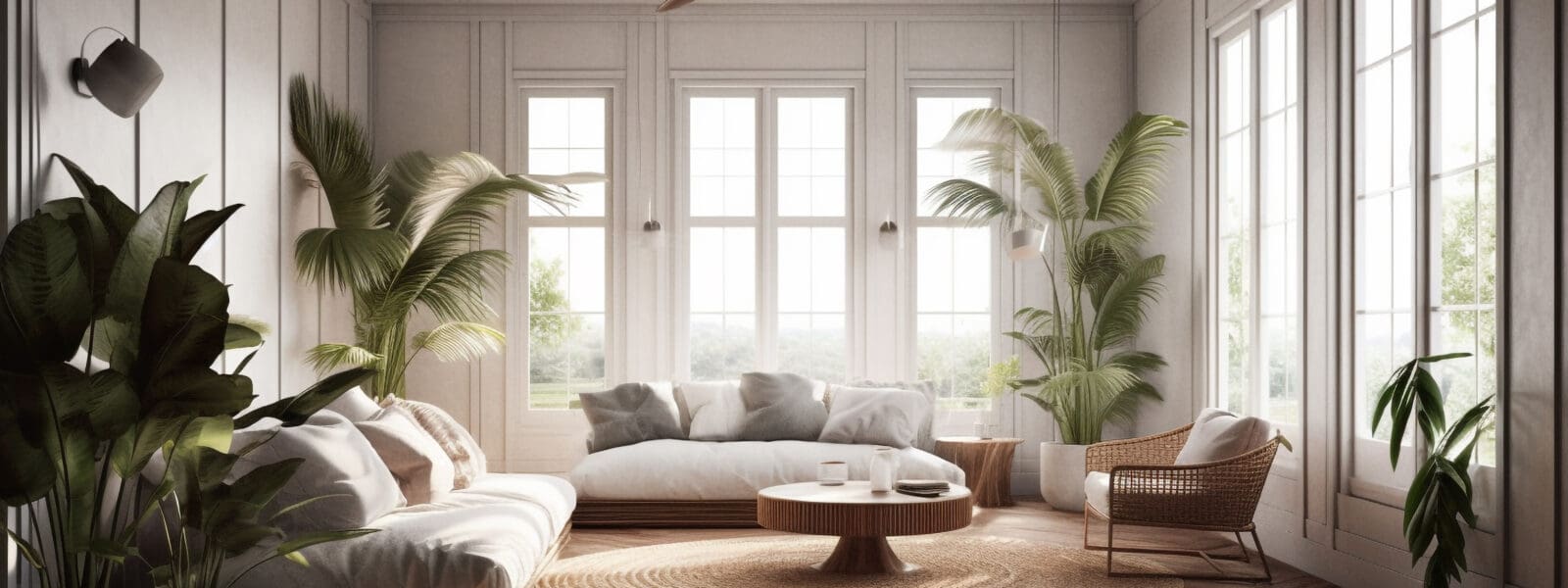 a large living room with lots of windows and sunlight