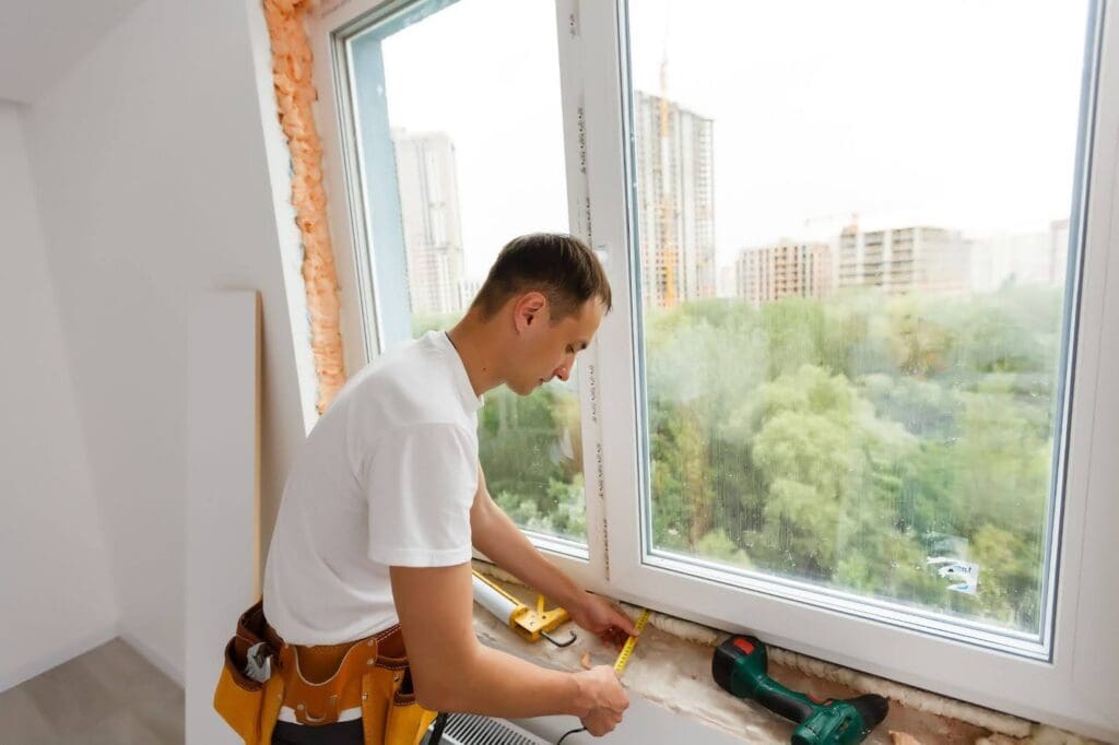 A man works on a window installation with a city view
