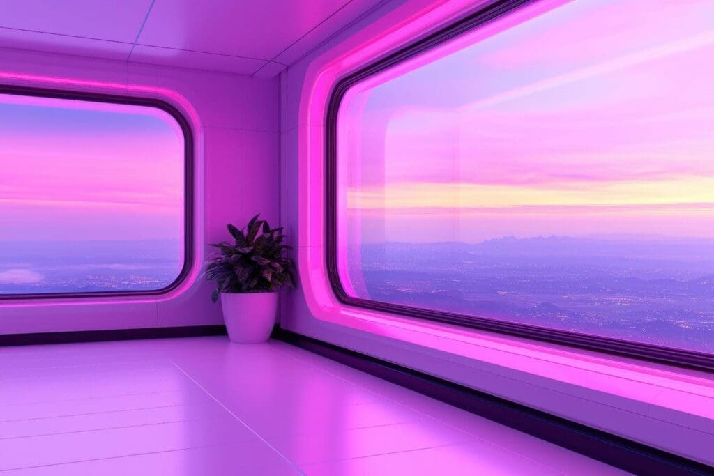 Futuristic room with panoramic mountain view, glowing pink-purple lighting, and sleek design