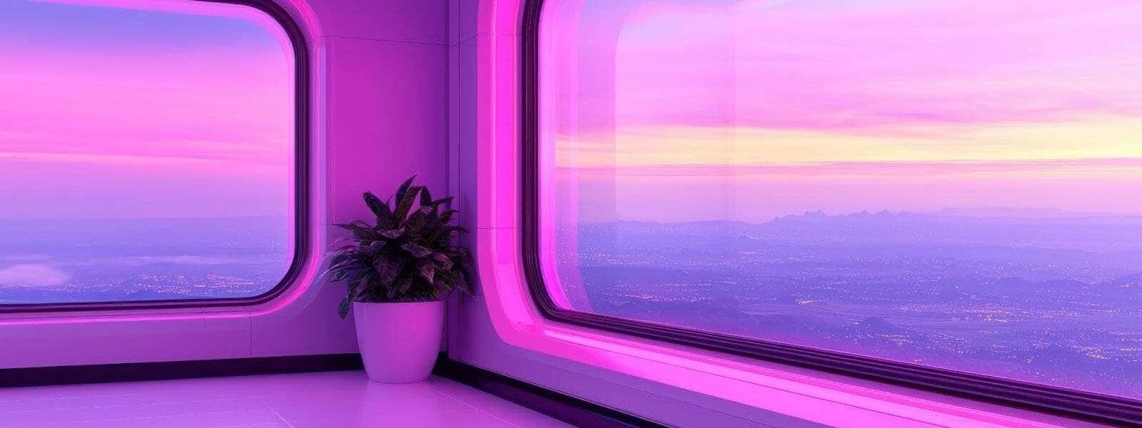 Futuristic room with panoramic mountain view, glowing pink-purple lighting, and sleek design