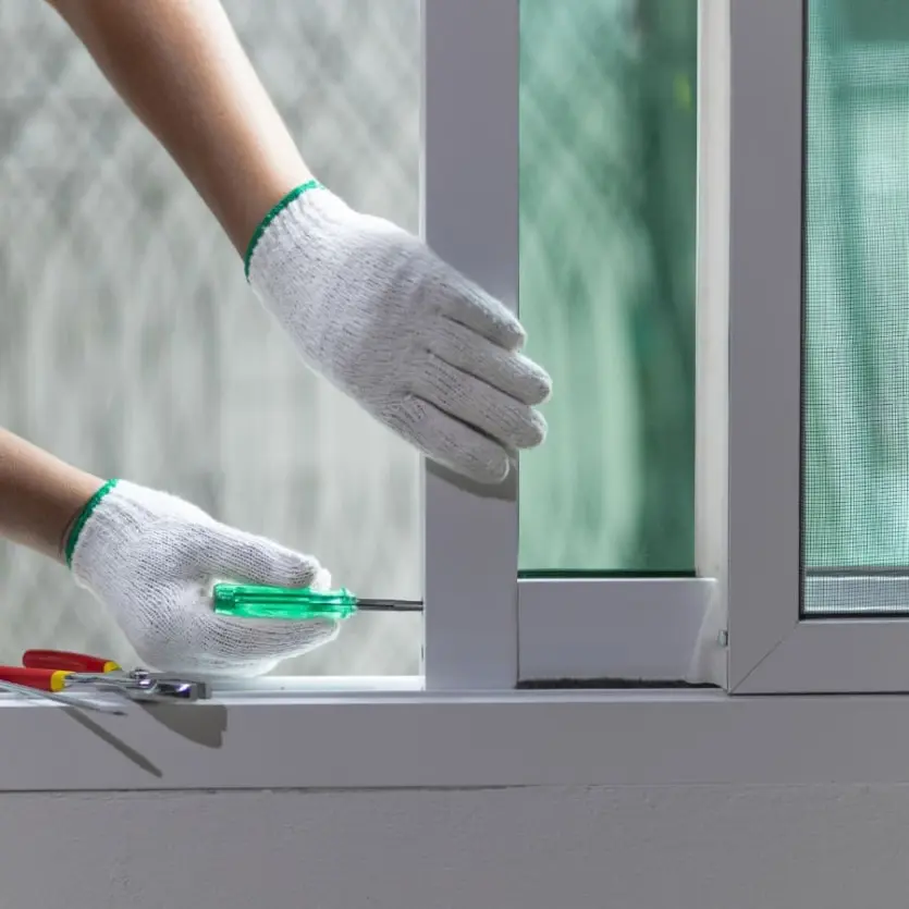 Technician Adjusting Replacement Window Frame