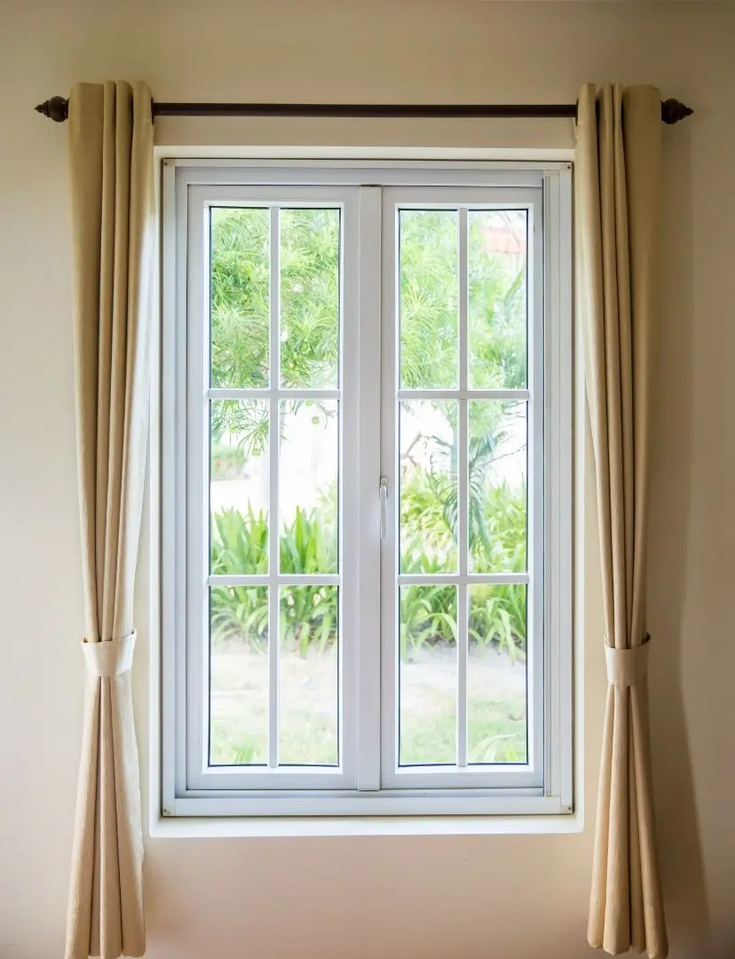 White Window With Curtains And Garden Outside
