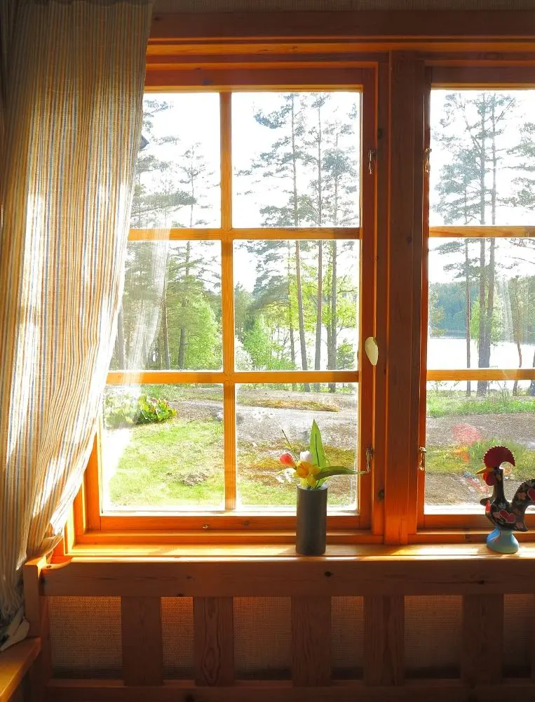 Wooden Window With Curtain And Forest View